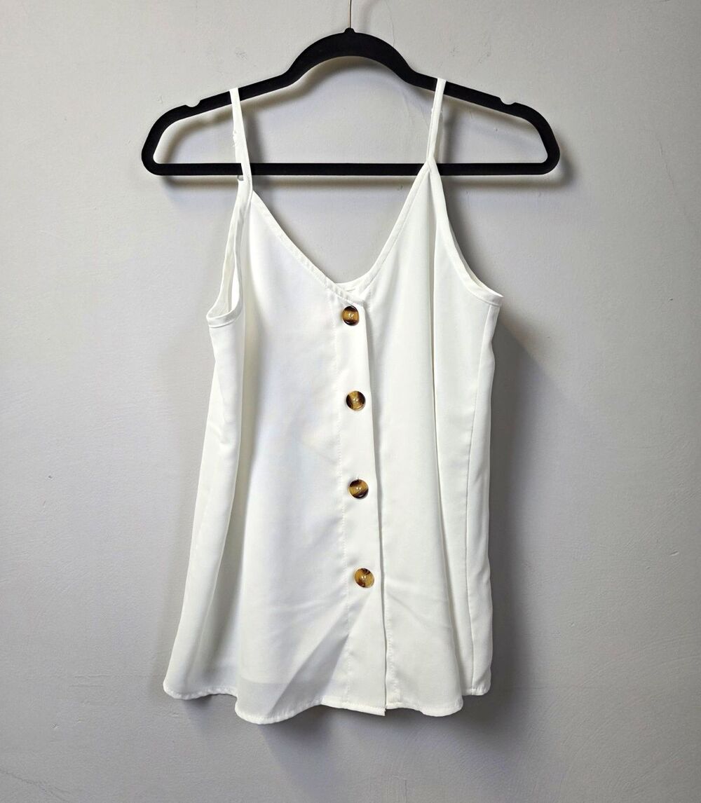 White Button Front Adjustable Strap Camisole Tank Top Size S